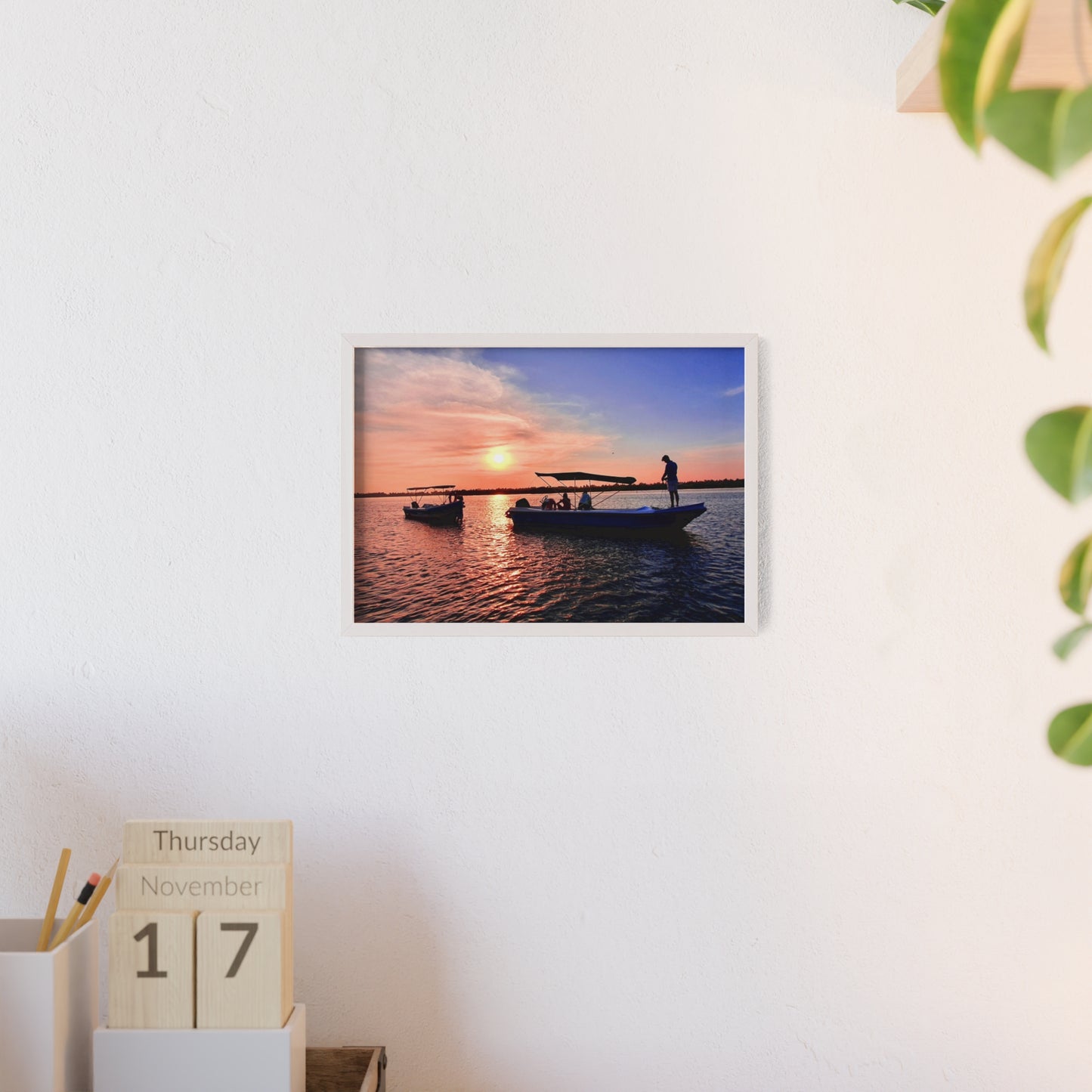 Sunset Fishing Boat Poster with Wooden Frame — Coastal Wall Art Print