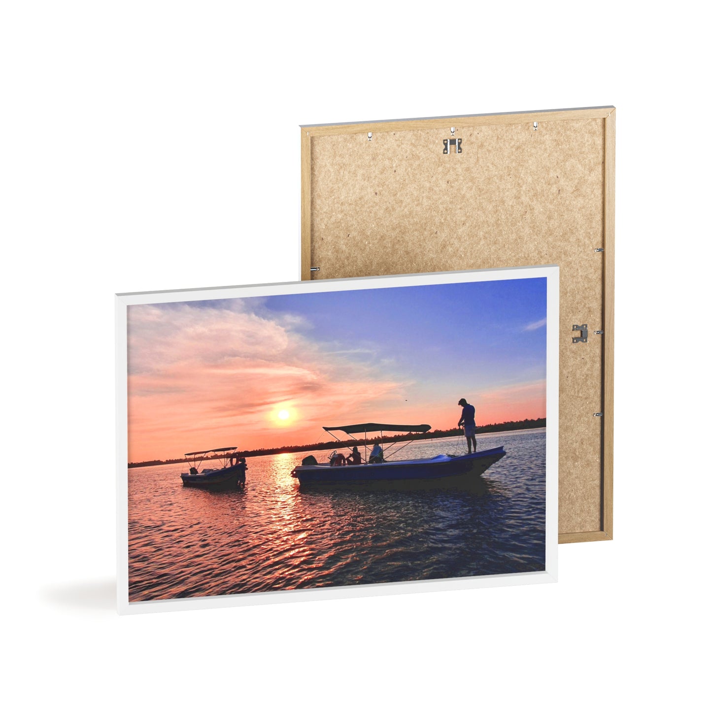 Sunset Fishing Boat Poster with Wooden Frame — Coastal Wall Art Print