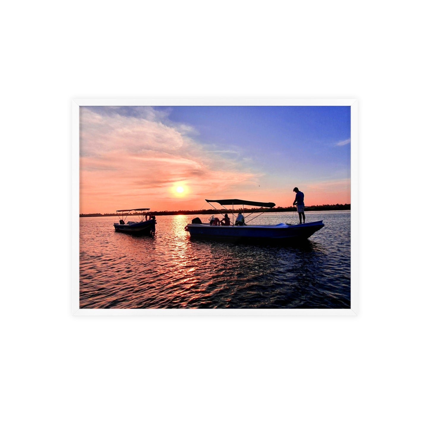 Sunset Fishing Boat Poster with Wooden Frame — Coastal Wall Art Print