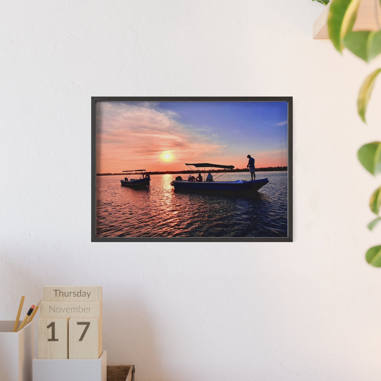 Sunset Fishing Boat Poster with Wooden Frame — Coastal Wall Art Print