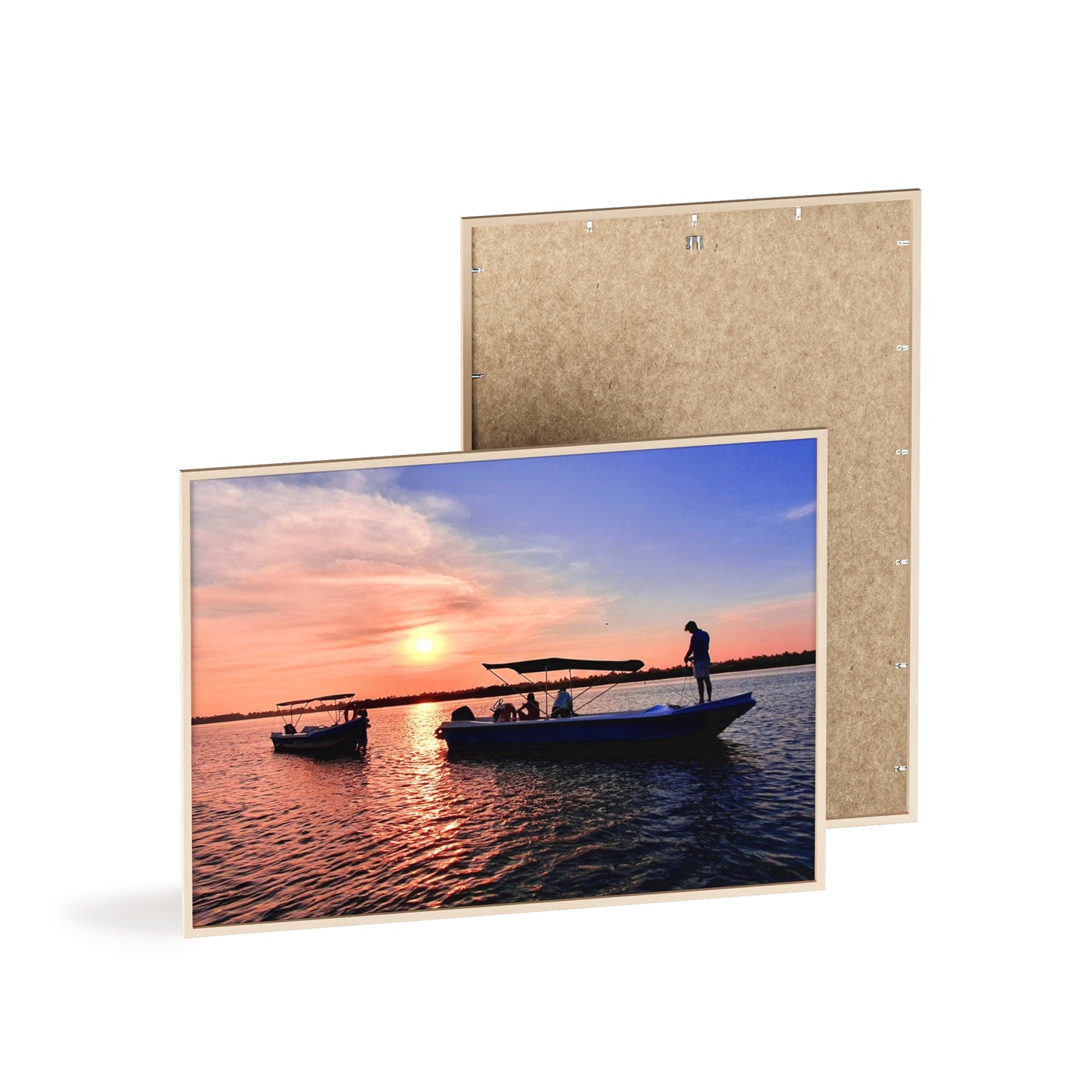 Sunset Fishing Boat Poster with Wooden Frame — Coastal Wall Art Print