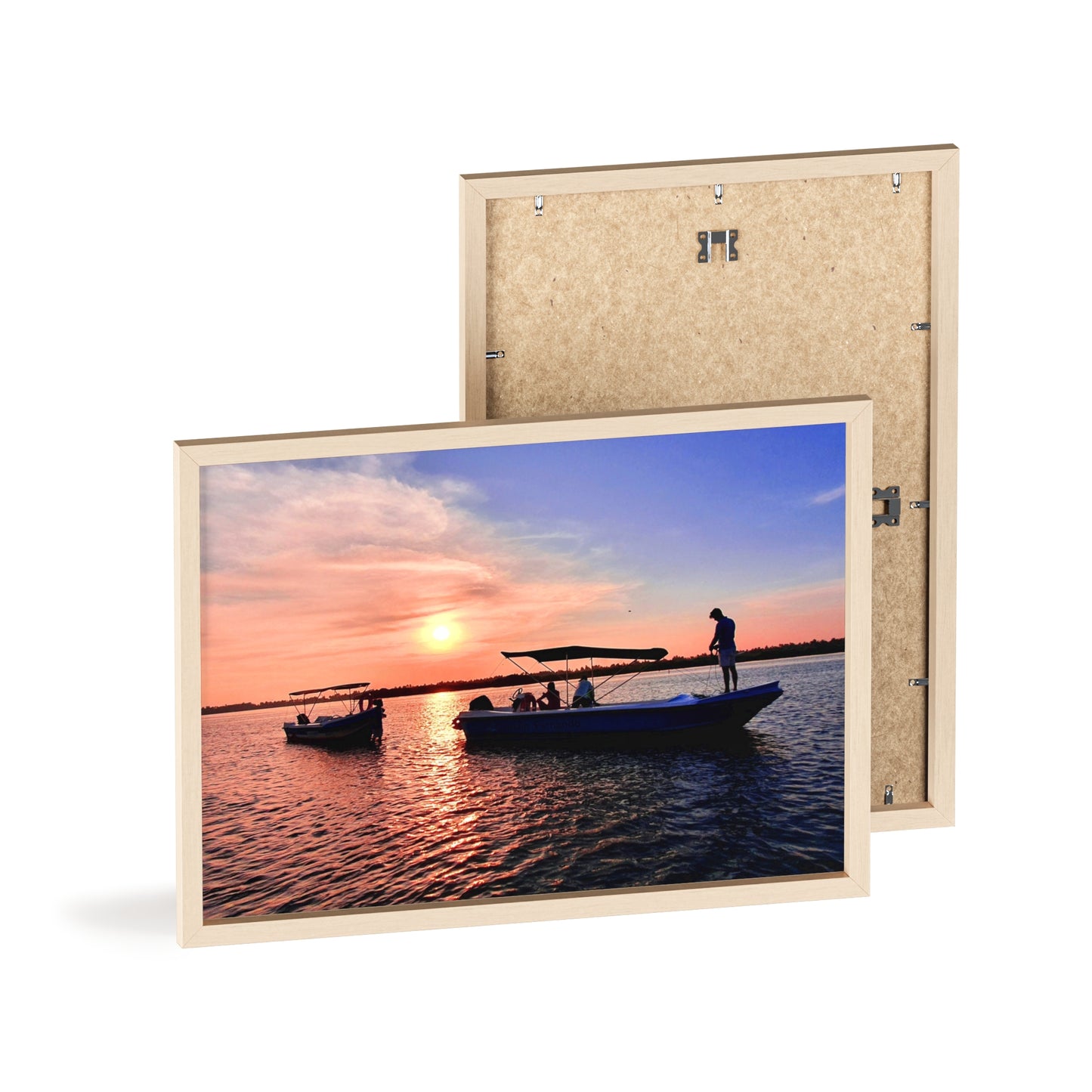 Sunset Fishing Boat Poster with Wooden Frame — Coastal Wall Art Print