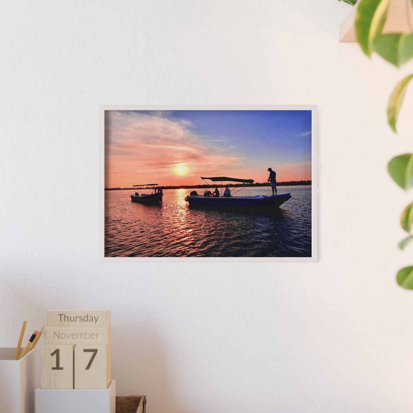 Sunset Fishing Boat Poster with Wooden Frame — Coastal Wall Art Print