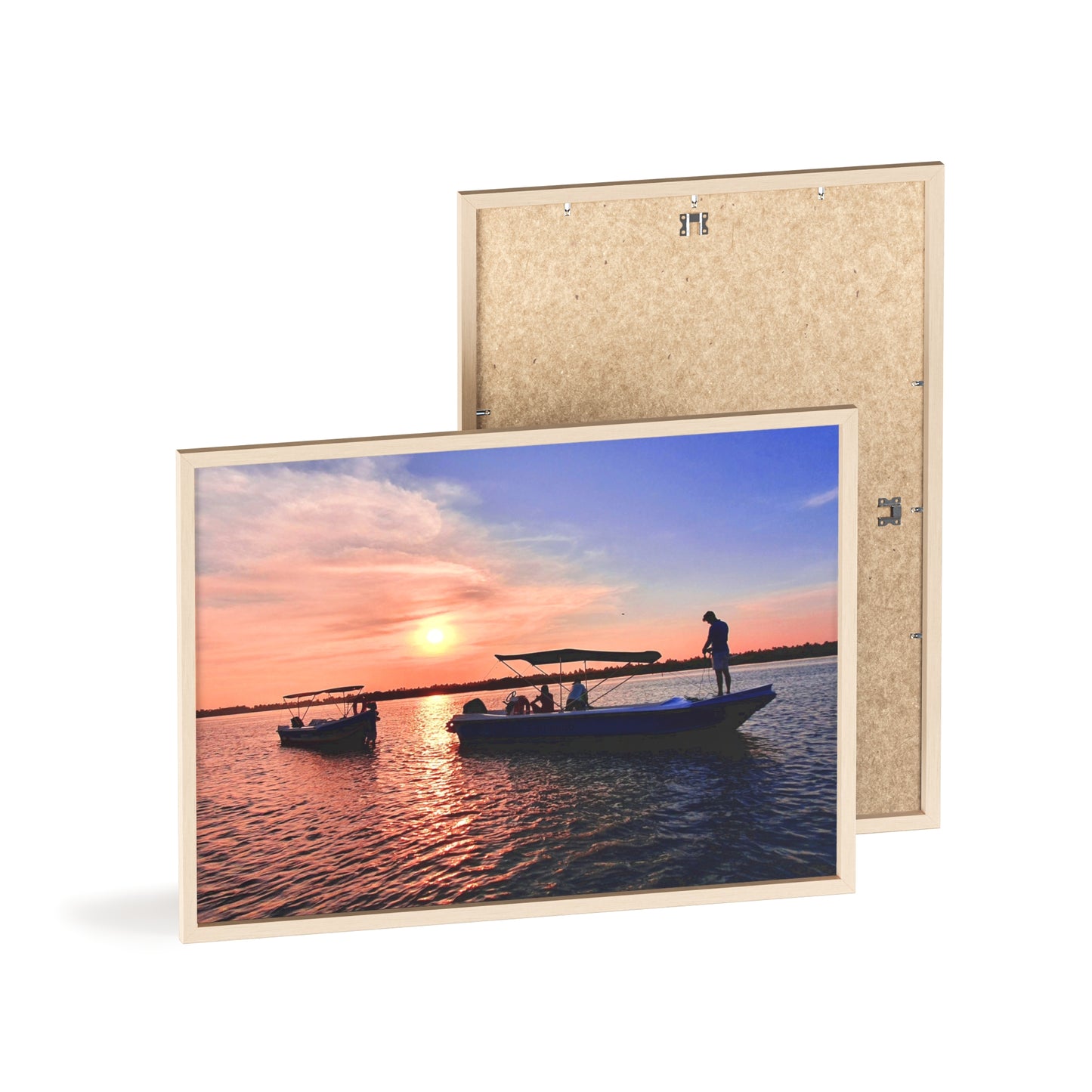 Sunset Fishing Boat Poster with Wooden Frame — Coastal Wall Art Print