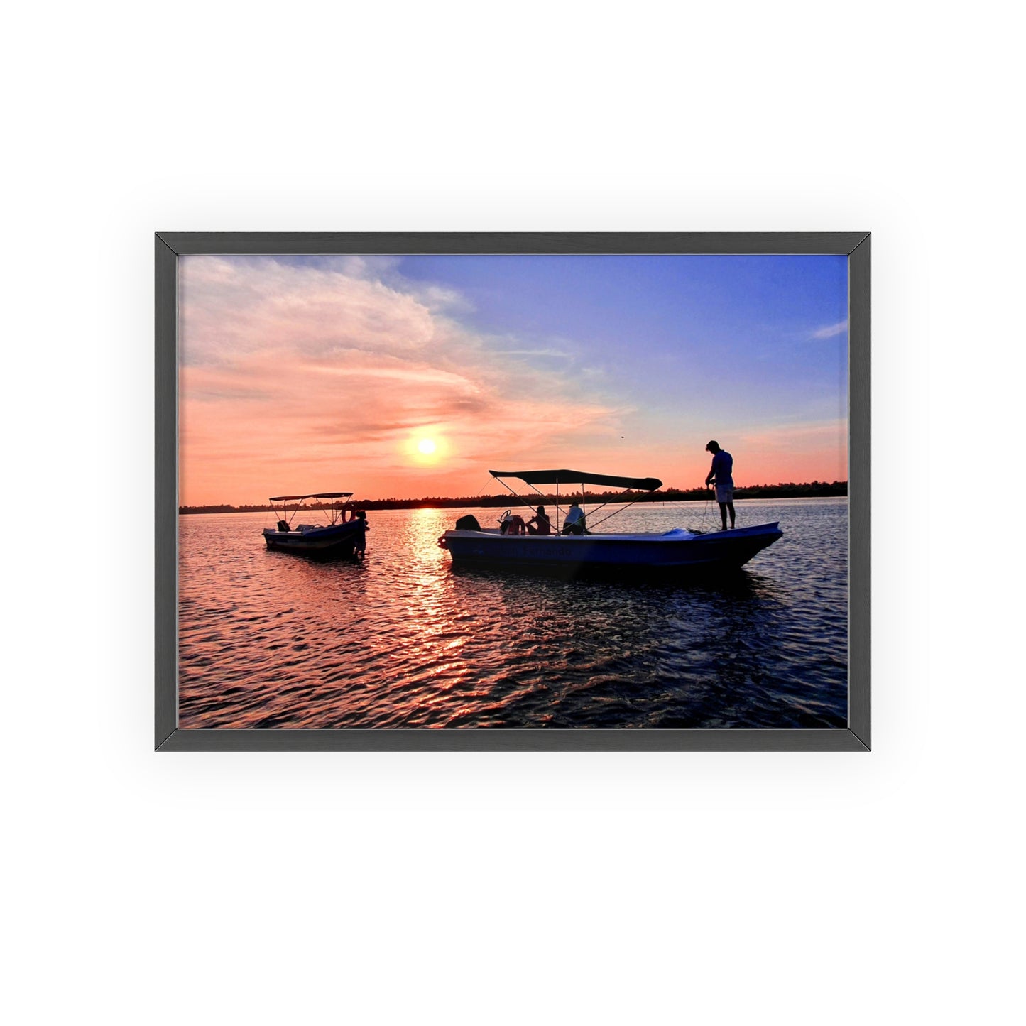 Sunset Fishing Boat Poster with Wooden Frame — Coastal Wall Art Print