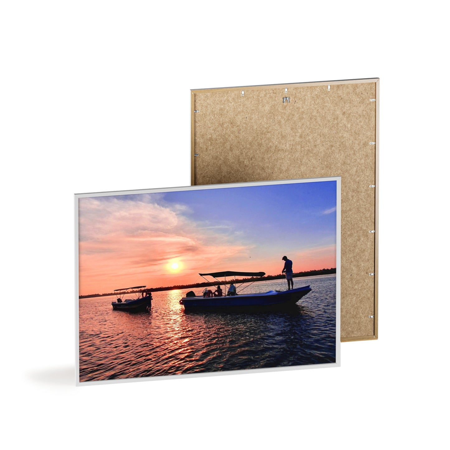 Sunset Fishing Boat Poster with Wooden Frame — Coastal Wall Art Print