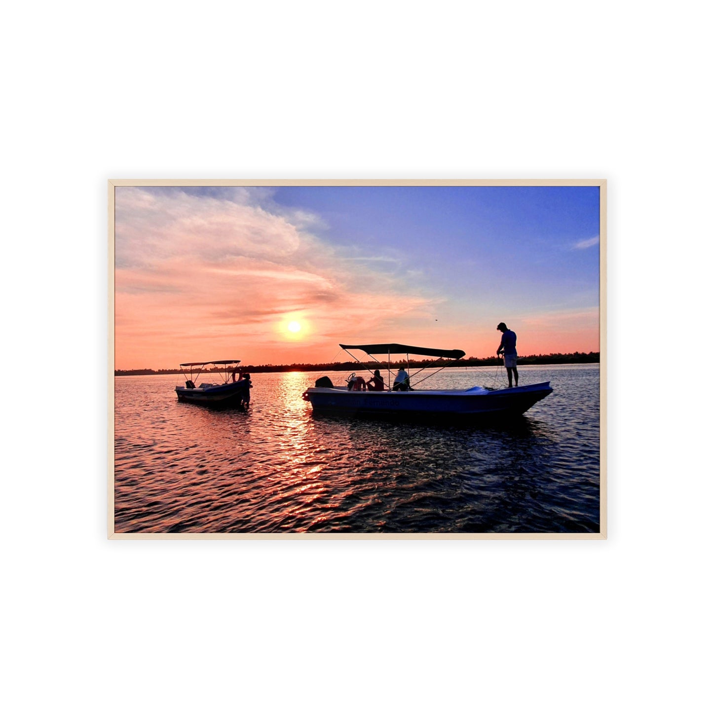 Sunset Fishing Boat Poster with Wooden Frame — Coastal Wall Art Print