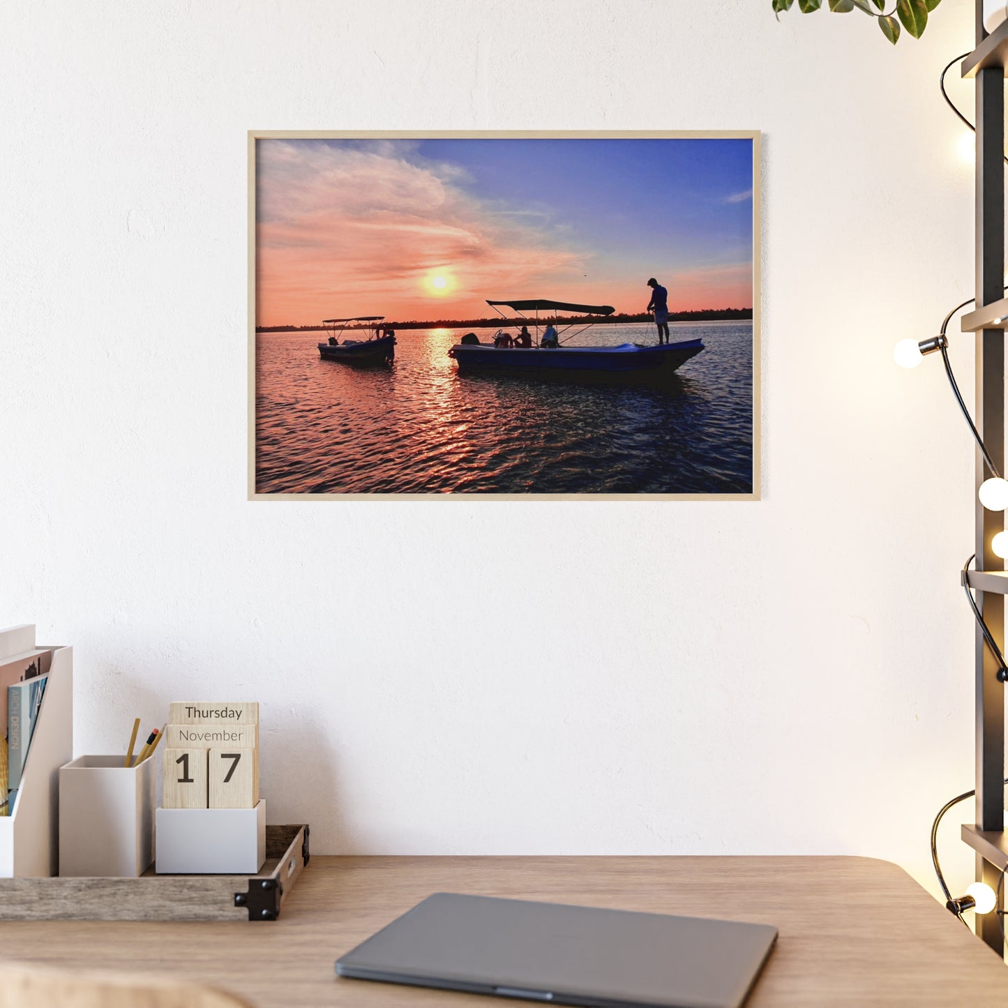 Sunset Fishing Boat Poster with Wooden Frame — Coastal Wall Art Print