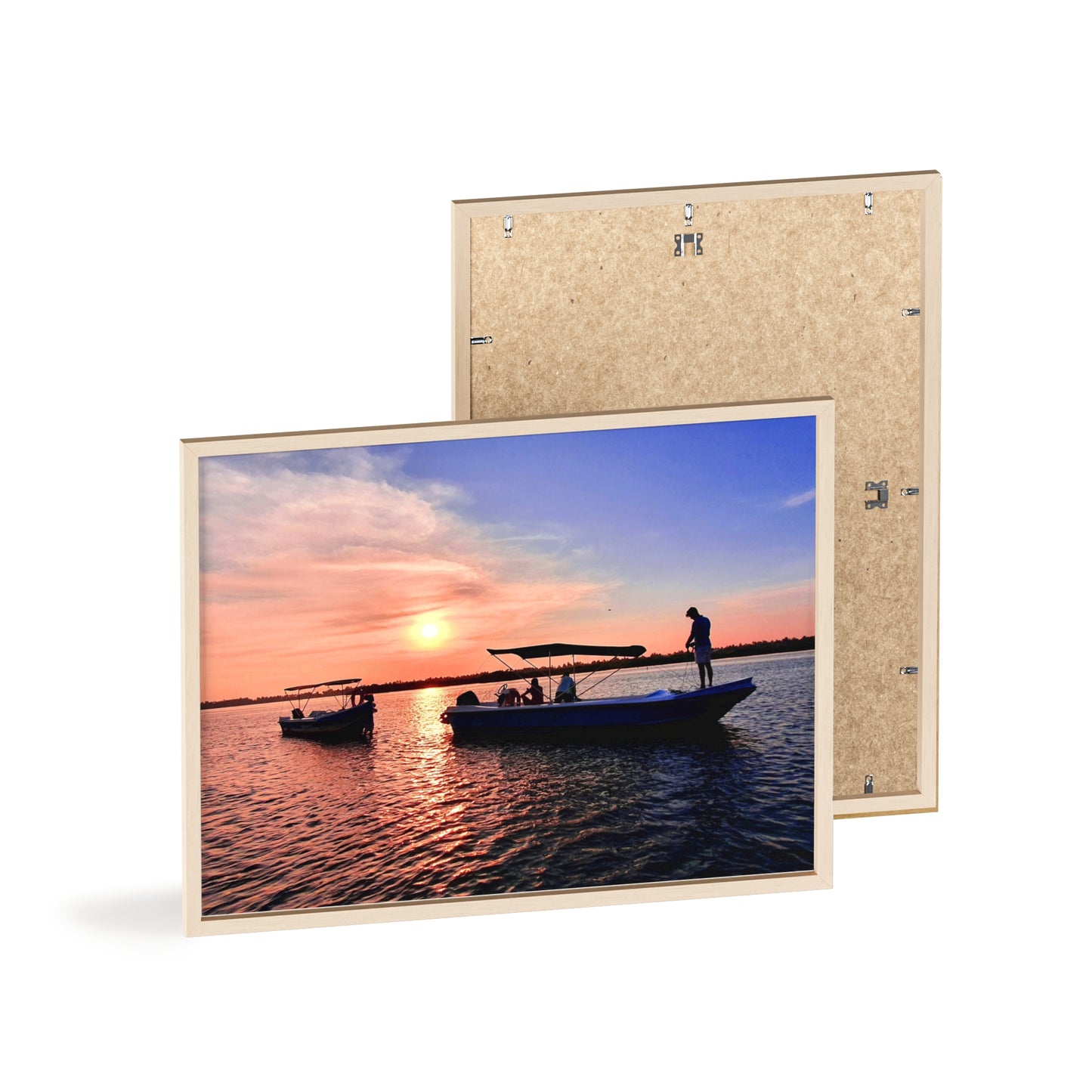 Sunset Fishing Boat Poster with Wooden Frame — Coastal Wall Art Print