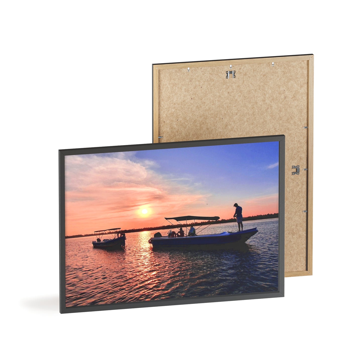 Sunset Fishing Boat Poster with Wooden Frame — Coastal Wall Art Print