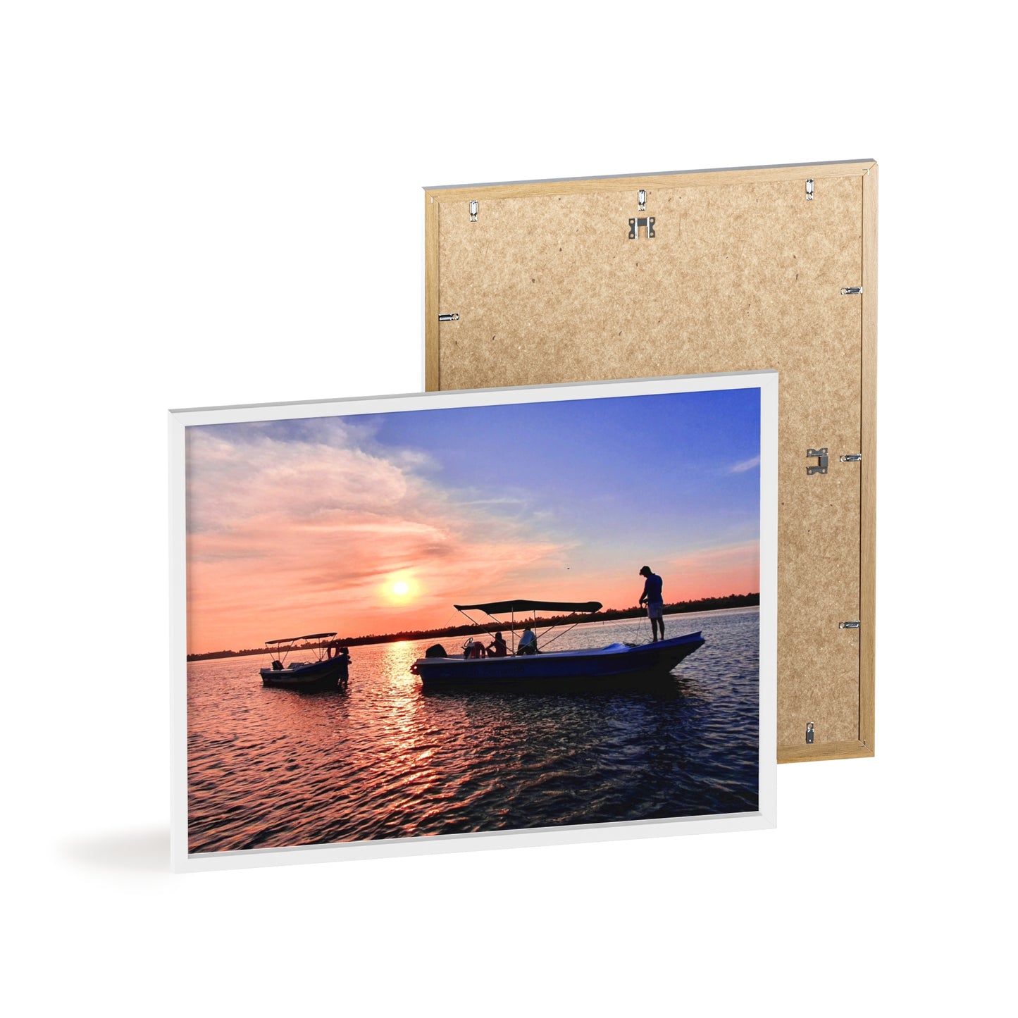 Sunset Fishing Boat Poster with Wooden Frame — Coastal Wall Art Print