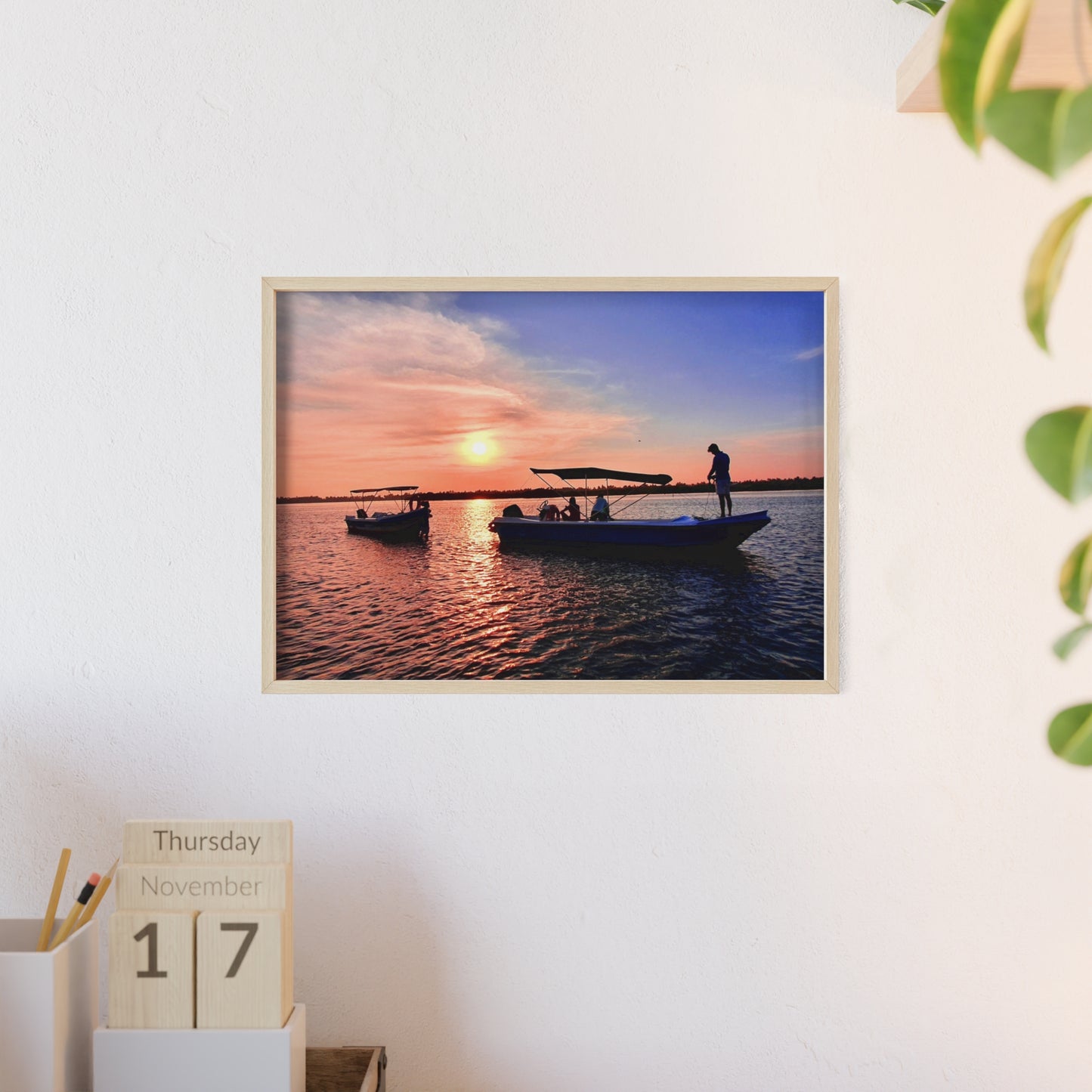 Sunset Fishing Boat Poster with Wooden Frame — Coastal Wall Art Print