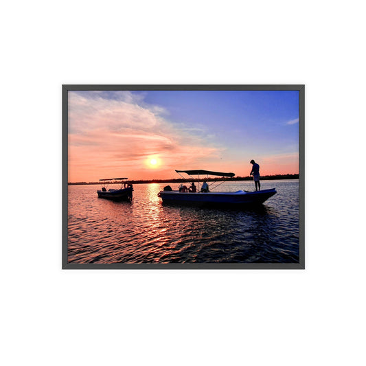 Sunset Fishing Boat Poster with Wooden Frame — Coastal Wall Art Print