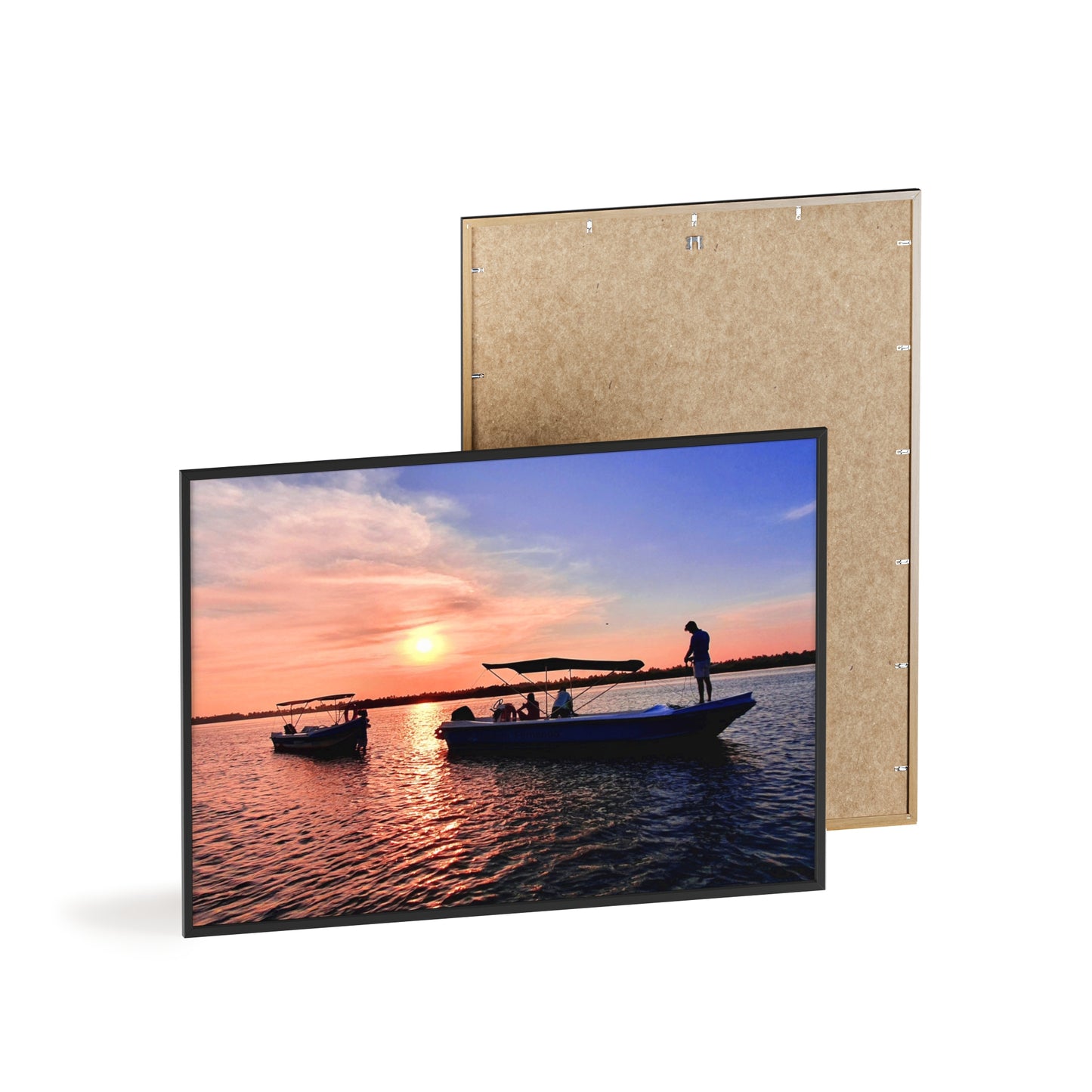 Sunset Fishing Boat Poster with Wooden Frame — Coastal Wall Art Print