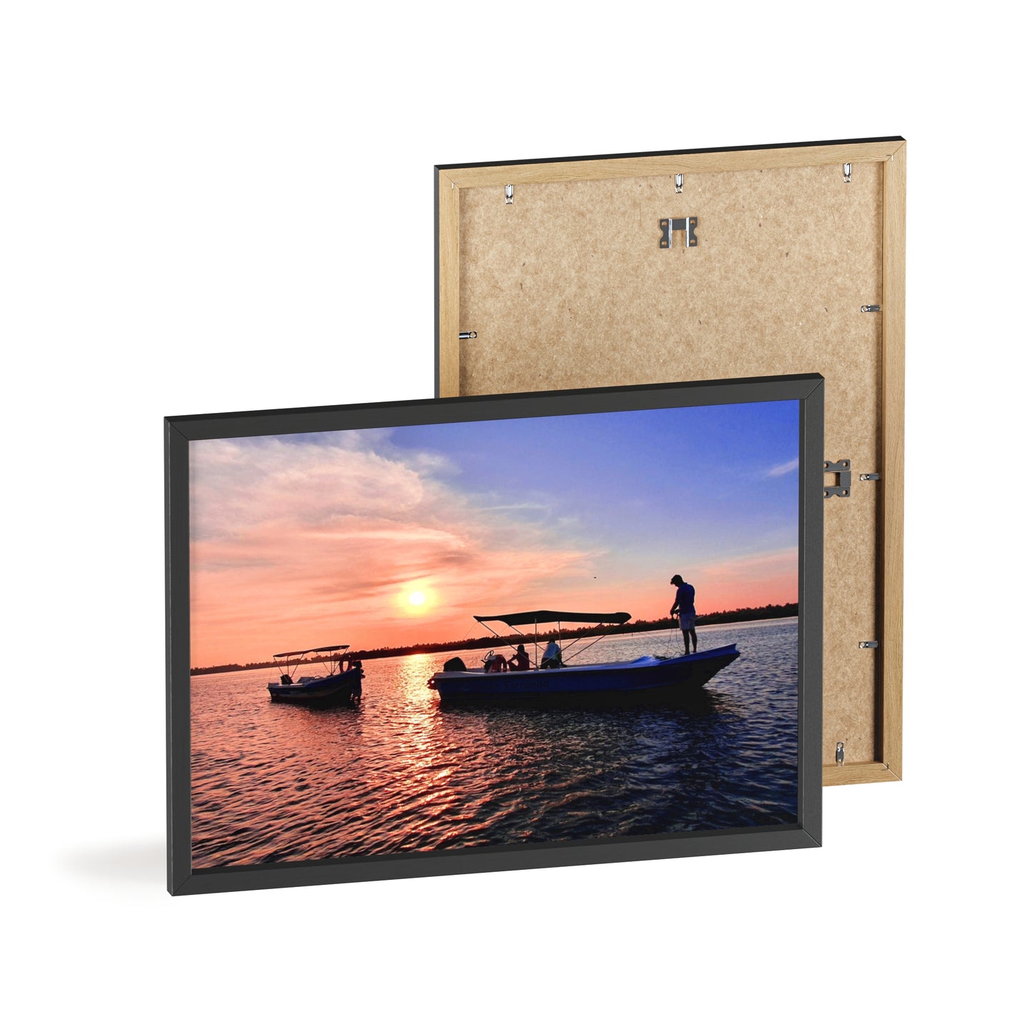 Sunset Fishing Boat Poster with Wooden Frame — Coastal Wall Art Print