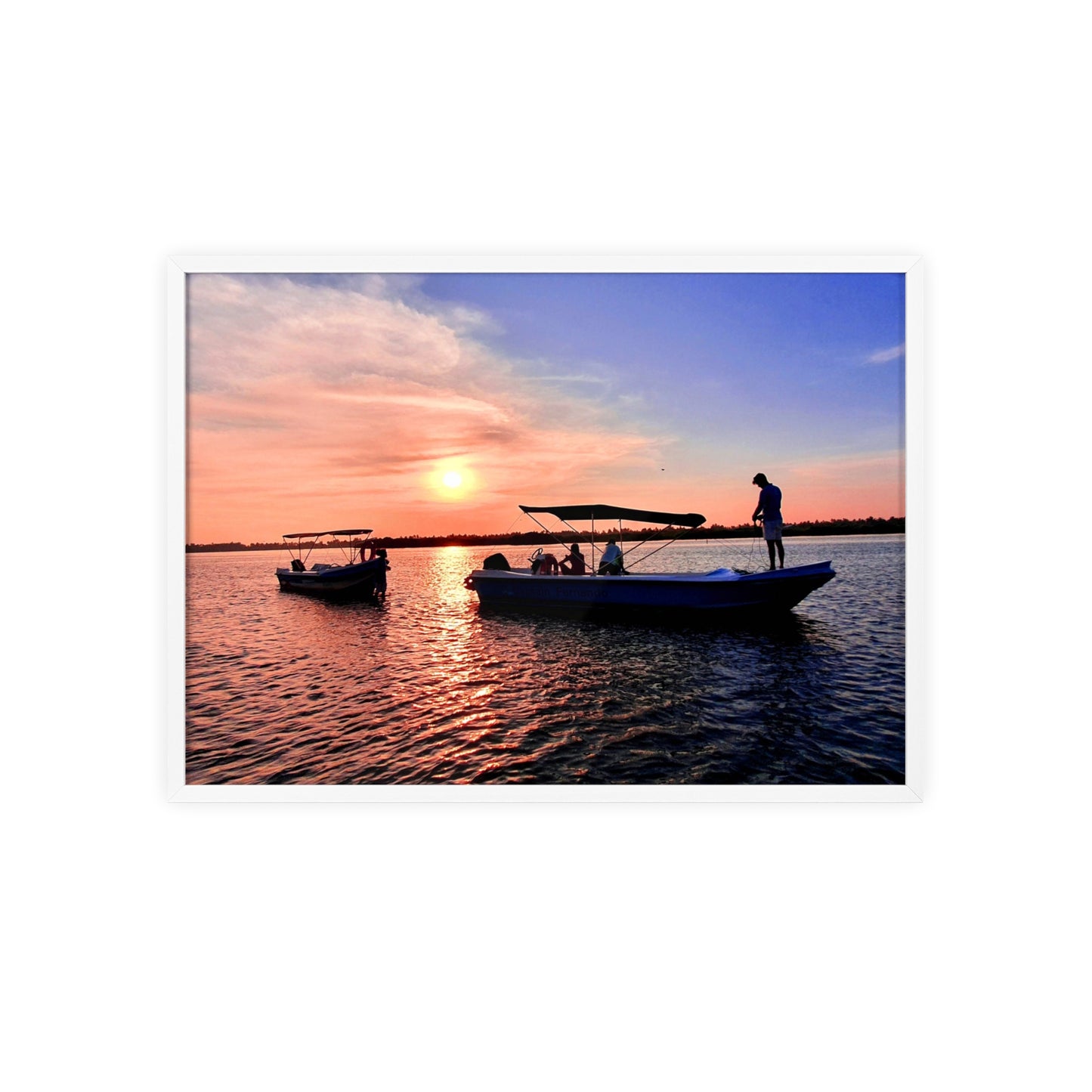 Sunset Fishing Boat Poster with Wooden Frame — Coastal Wall Art Print