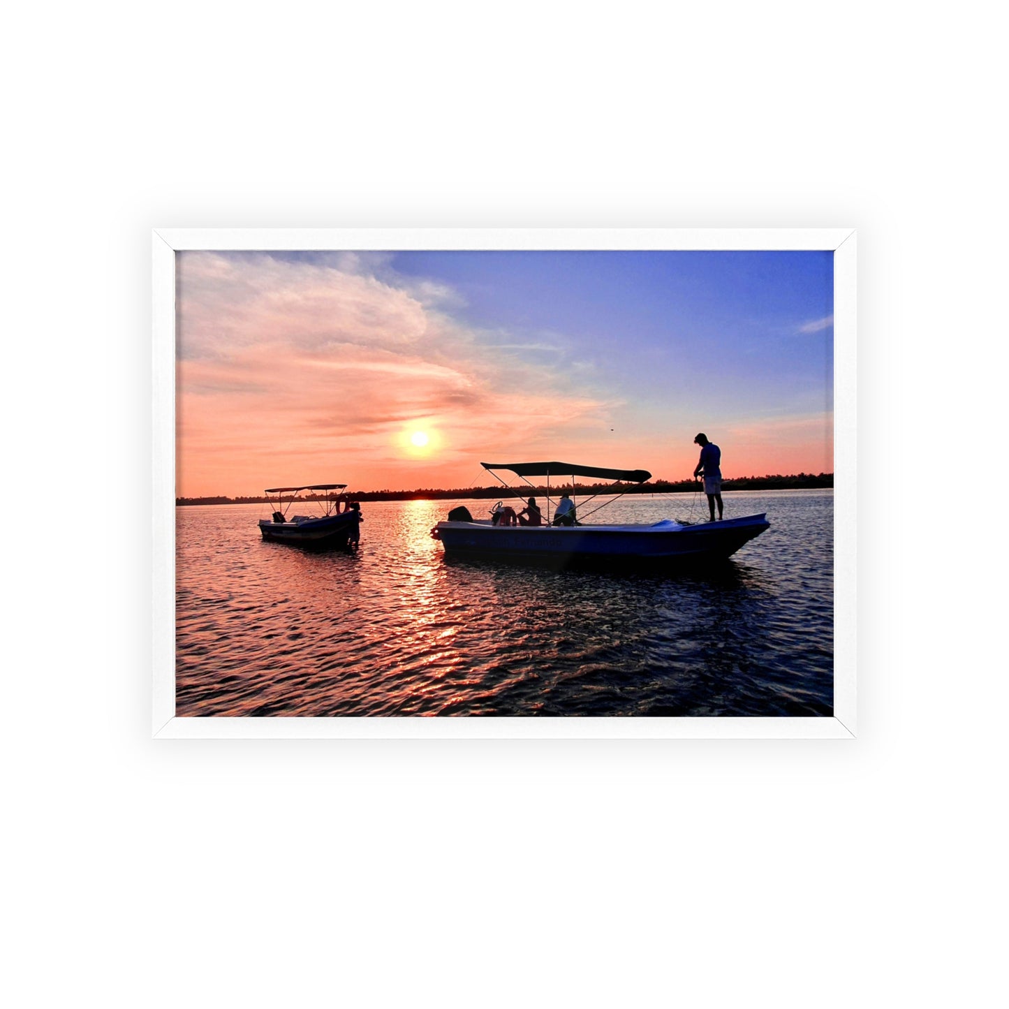 Sunset Fishing Boat Poster with Wooden Frame — Coastal Wall Art Print