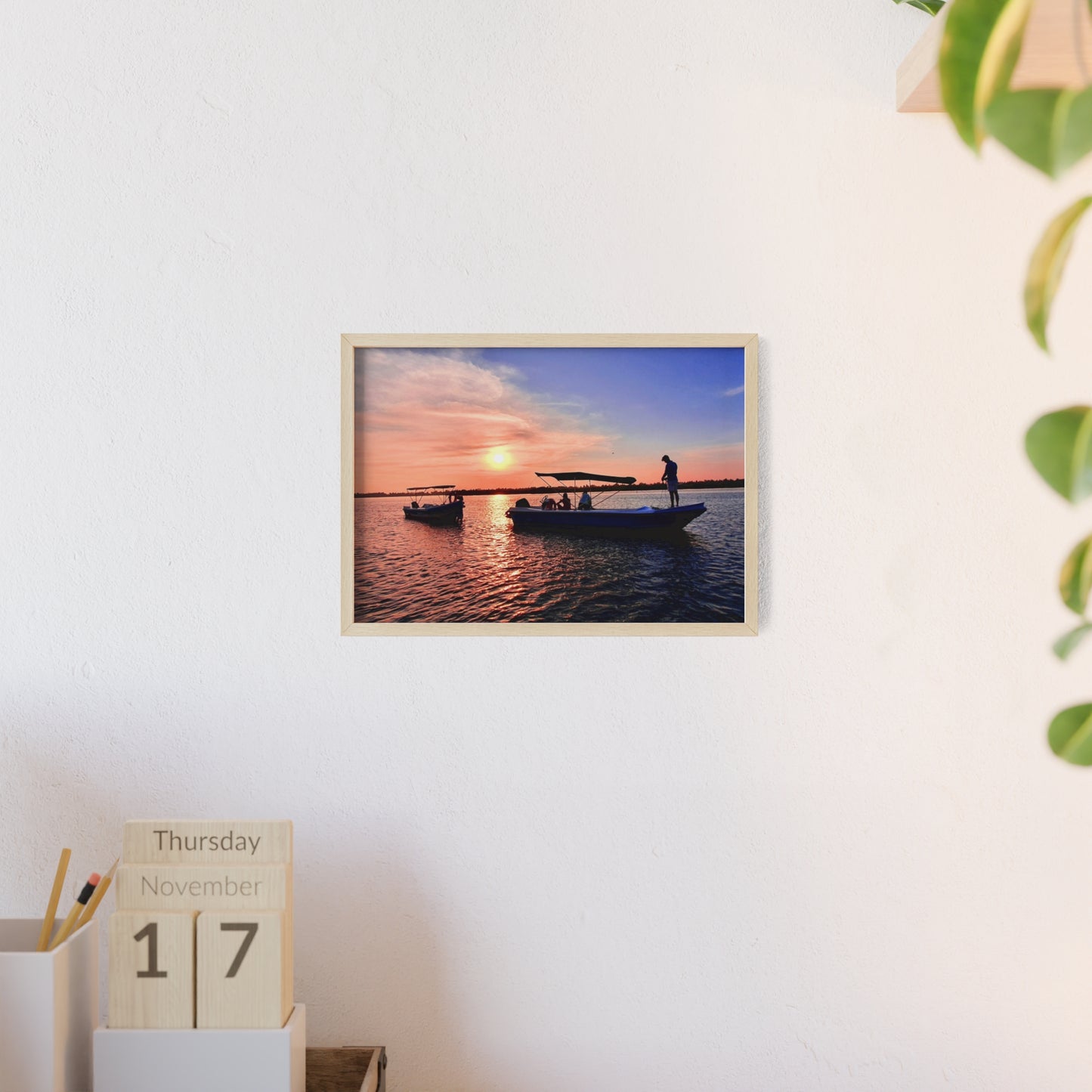 Sunset Fishing Boat Poster with Wooden Frame — Coastal Wall Art Print