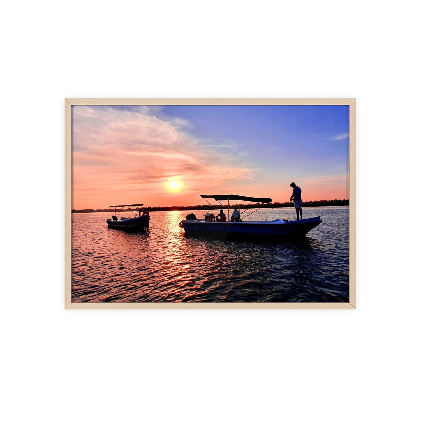 Sunset Fishing Boat Poster with Wooden Frame — Coastal Wall Art Print