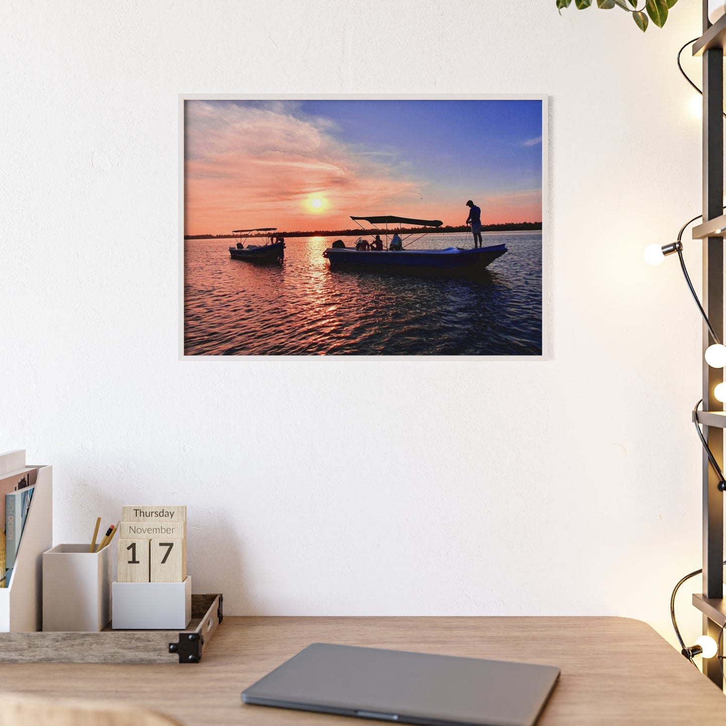 Sunset Fishing Boat Poster with Wooden Frame — Coastal Wall Art Print