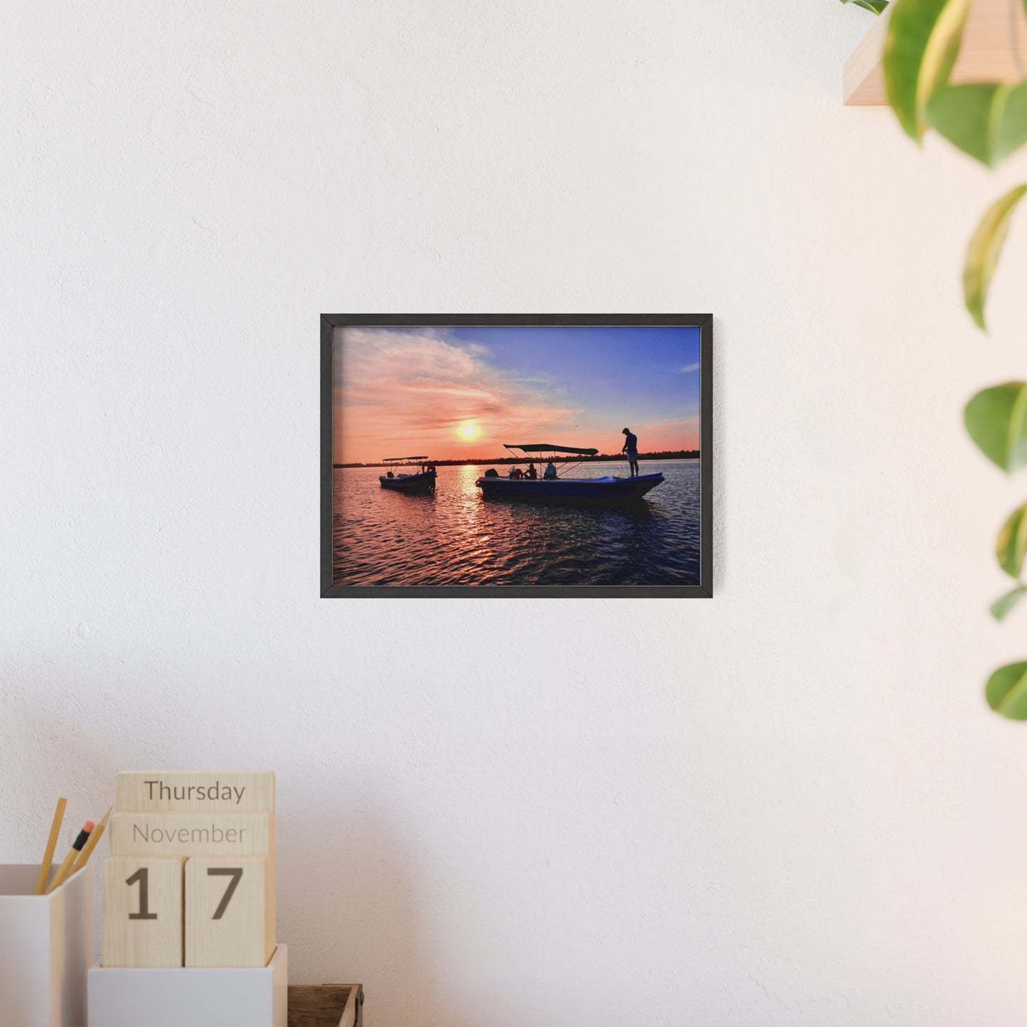 Sunset Fishing Boat Poster with Wooden Frame — Coastal Wall Art Print