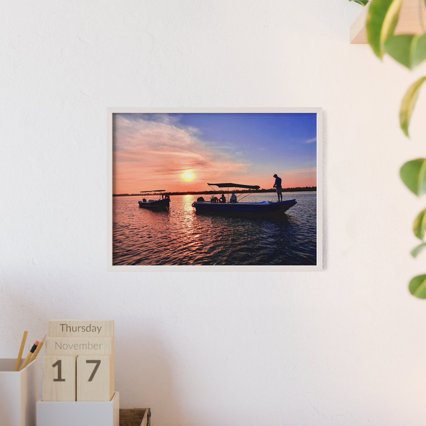 Sunset Fishing Boat Poster with Wooden Frame — Coastal Wall Art Print