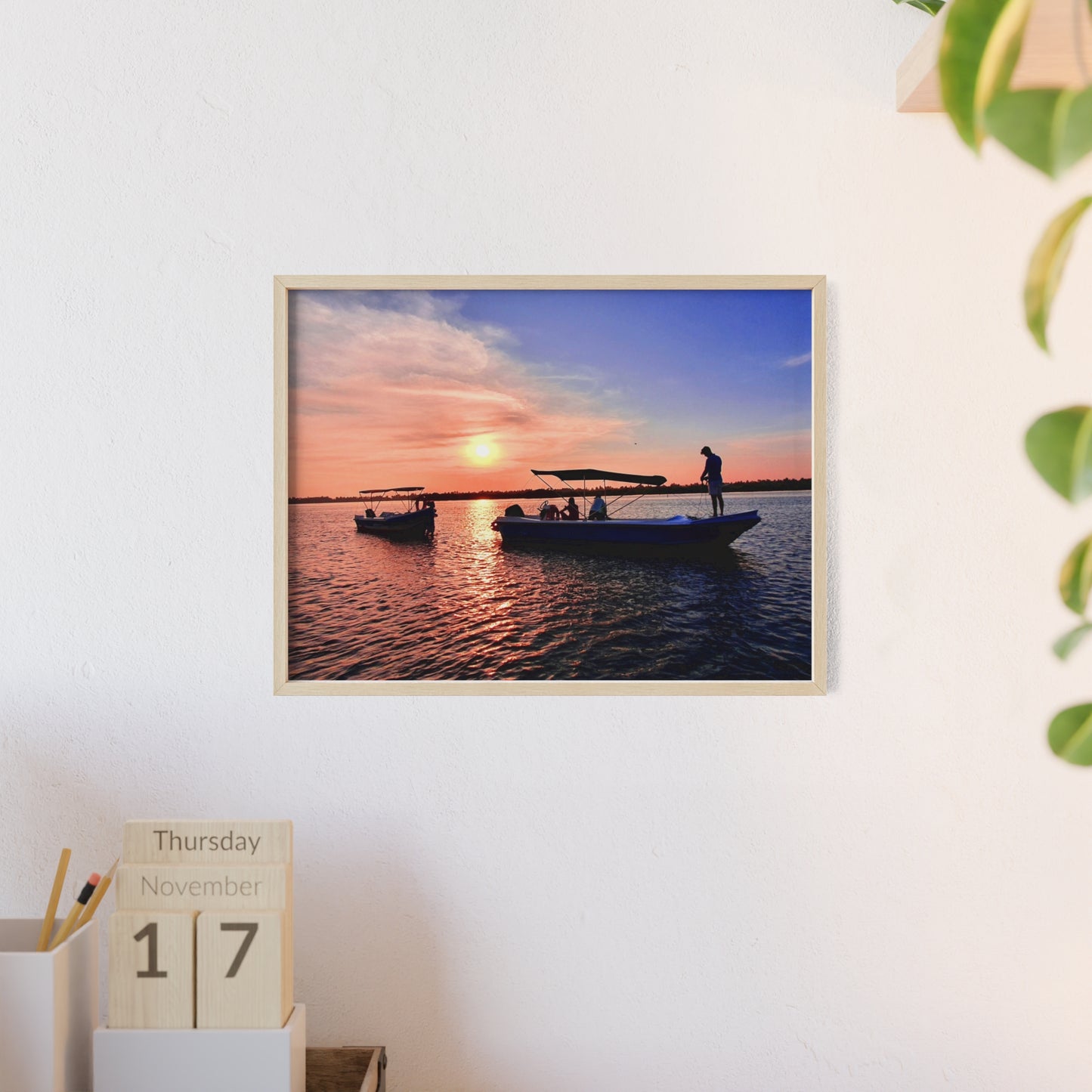 Sunset Fishing Boat Poster with Wooden Frame — Coastal Wall Art Print