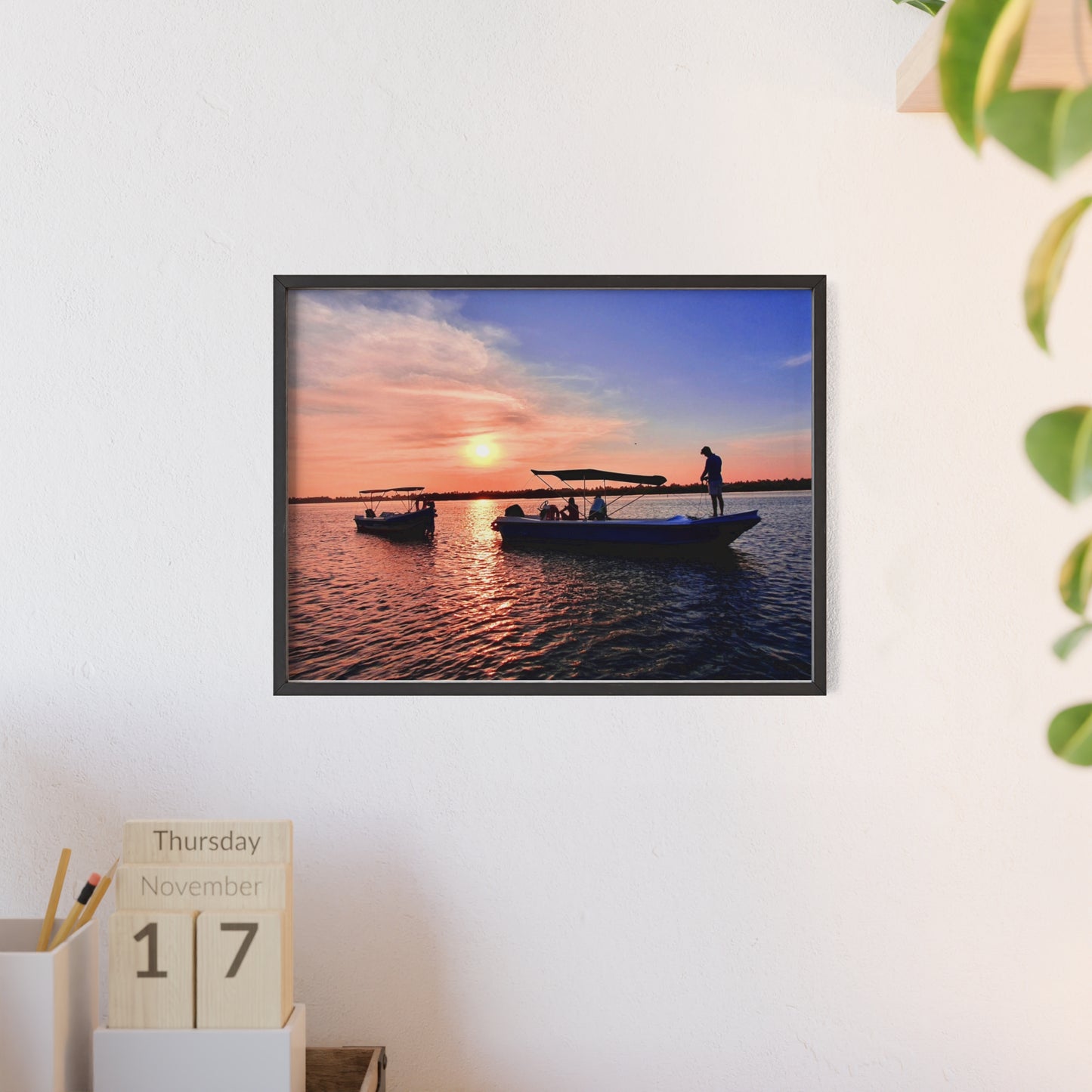Sunset Fishing Boat Poster with Wooden Frame — Coastal Wall Art Print
