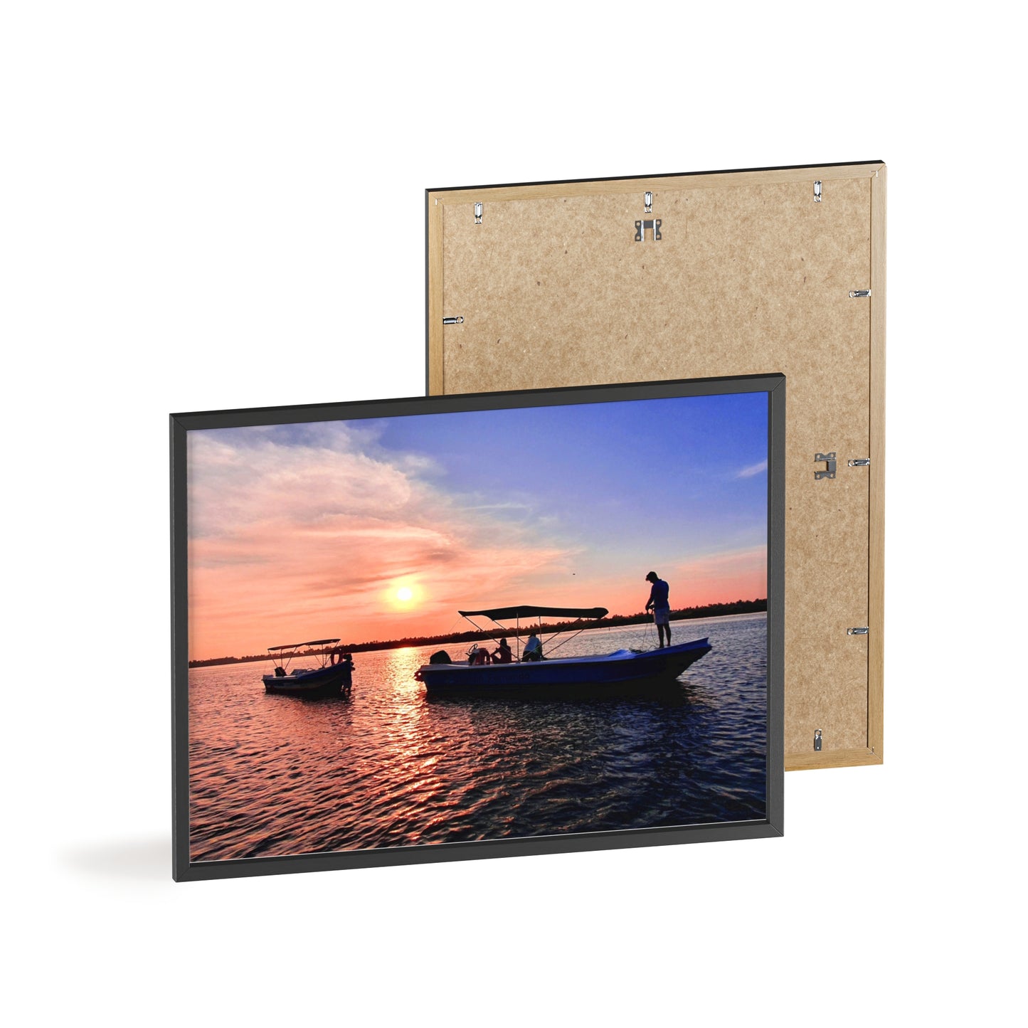 Sunset Fishing Boat Poster with Wooden Frame — Coastal Wall Art Print