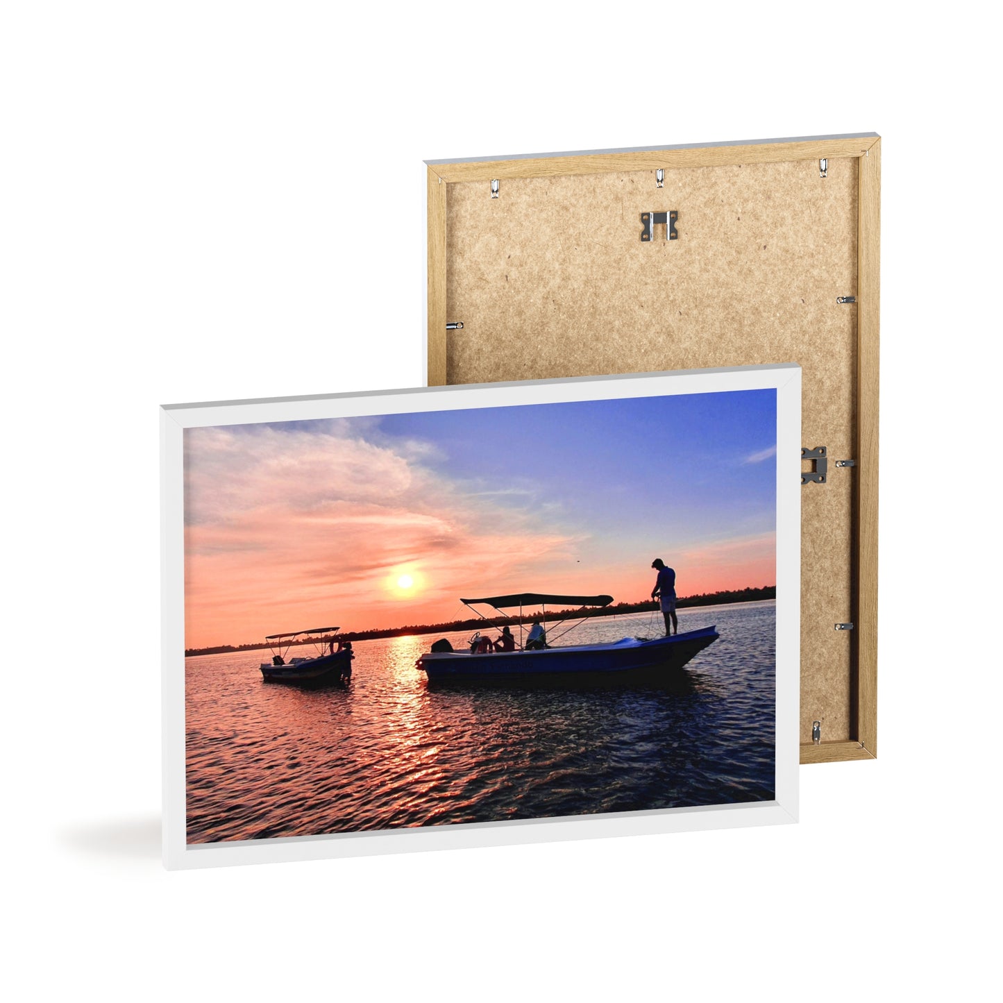 Sunset Fishing Boat Poster with Wooden Frame — Coastal Wall Art Print